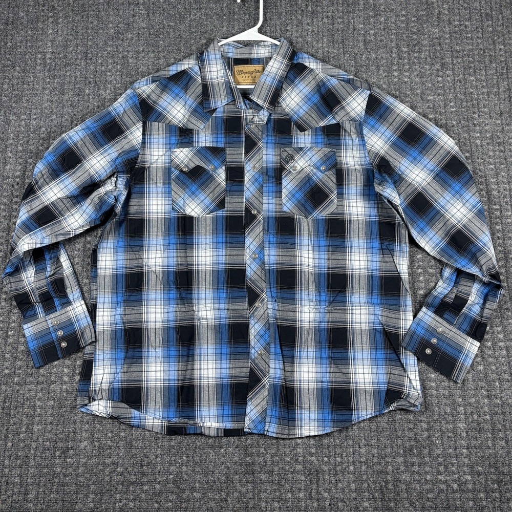 Wrangler Retro Western Snap Plaid Shirt XXL Blue Black White 112355385
